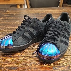 Addidas 80s Black Suede Superstar Sneakers with Iridescent Blue Toe Cap